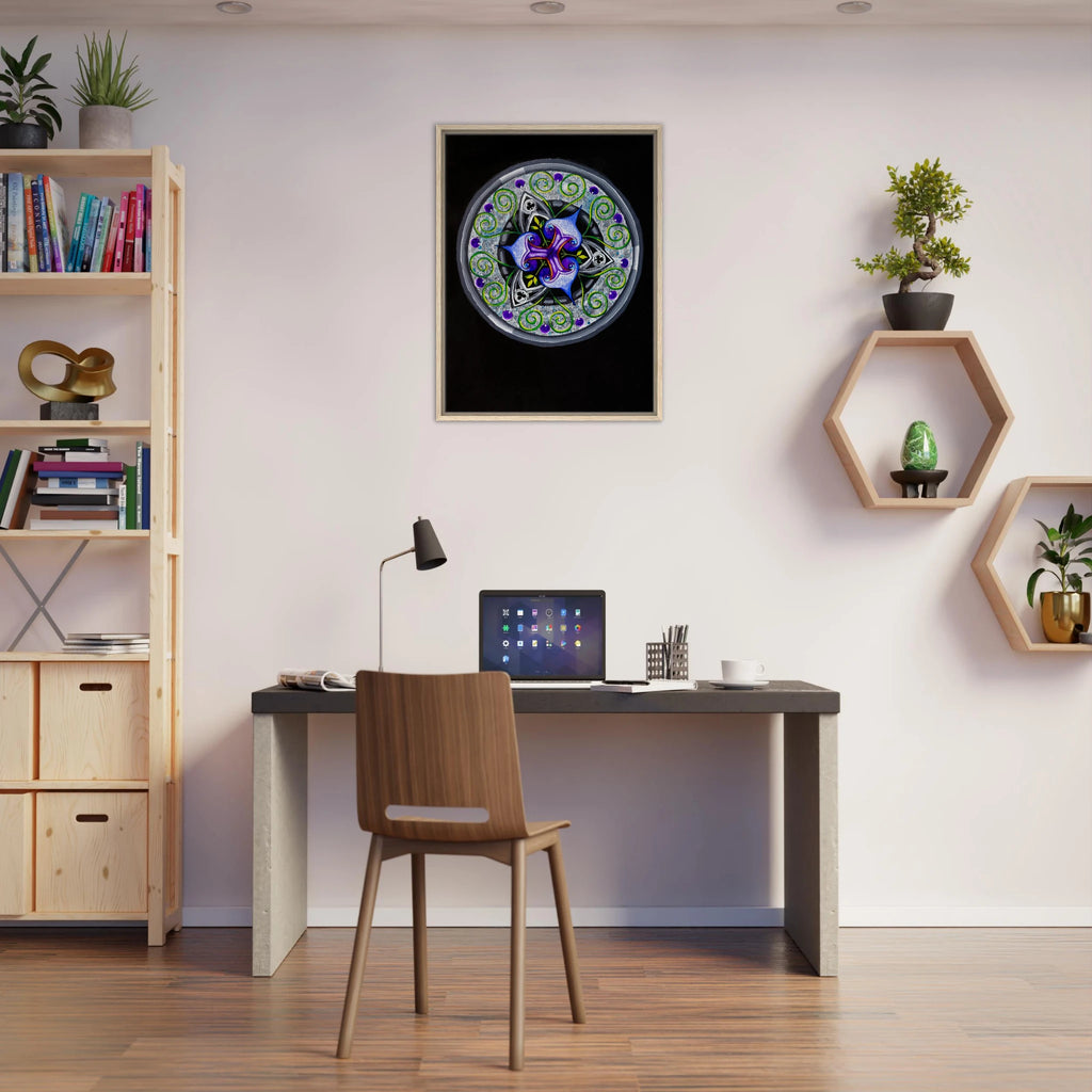 Modern geometric abstract artwork featuring layered iris‑inspired shapes, soft green tendrils, and alternating blue, purple, and gray forms printed on a canvas