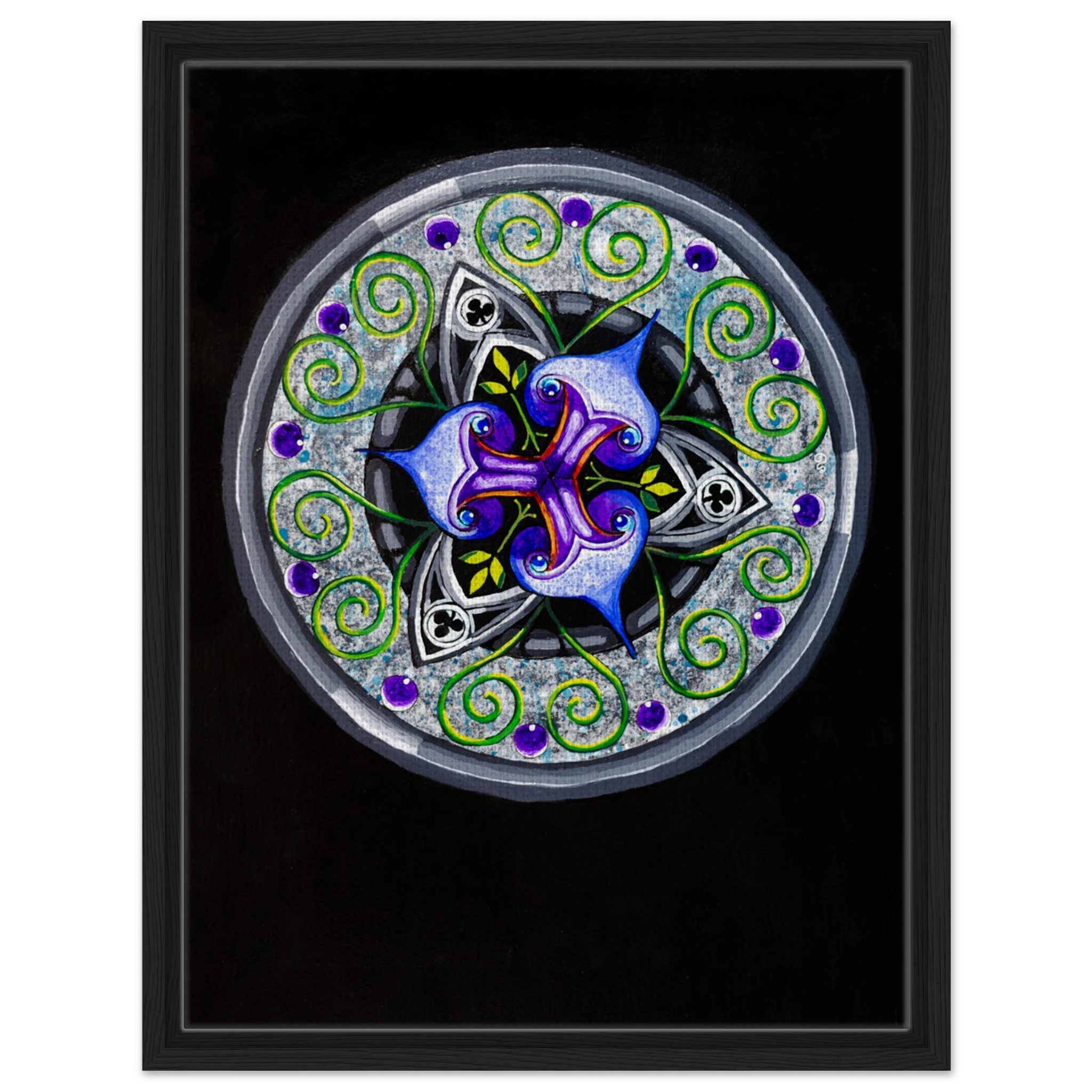 Modern geometric abstract artwork featuring layered iris‑inspired shapes, soft green tendrils, and alternating blue, purple, and gray forms printed on a canvas