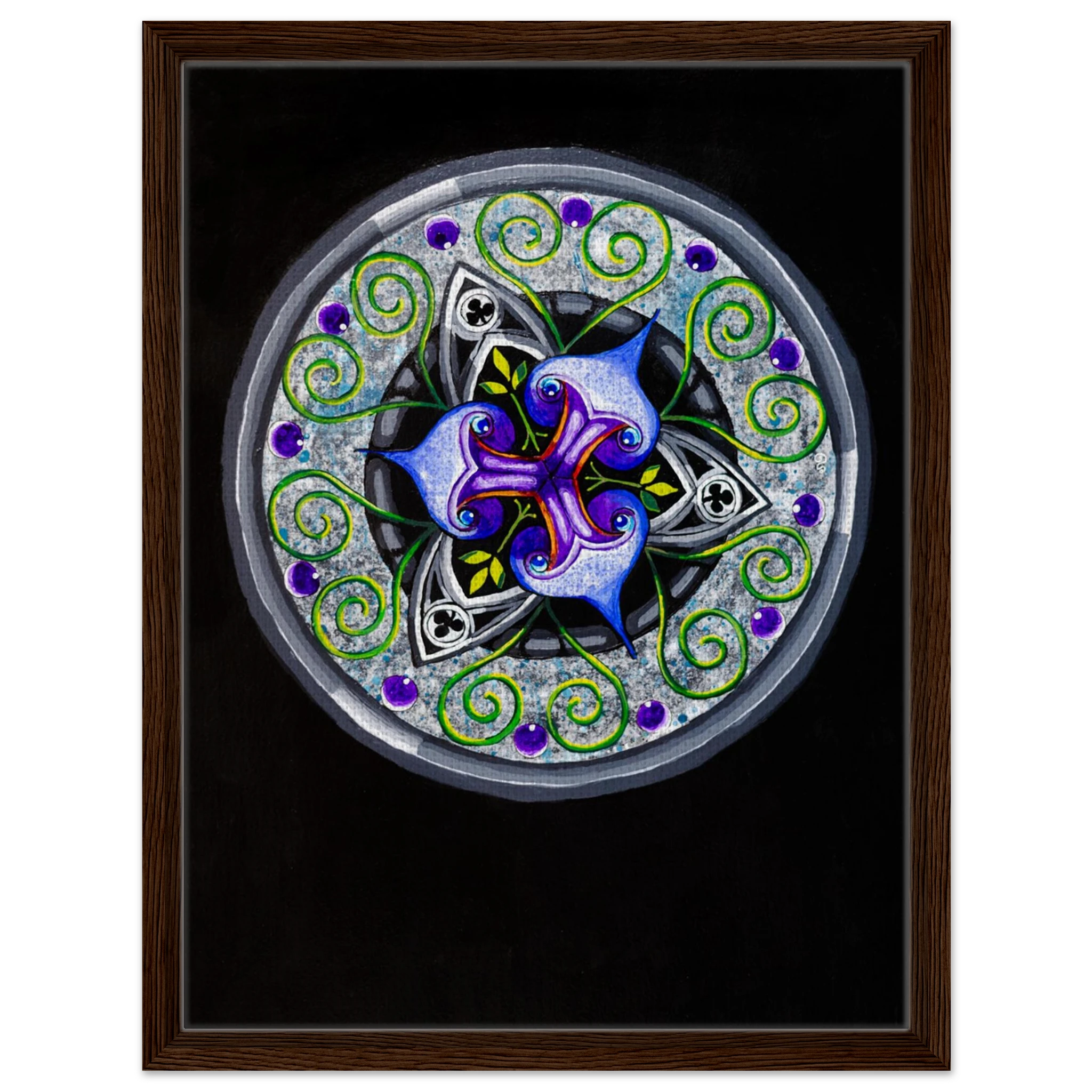 Modern geometric abstract artwork featuring layered iris‑inspired shapes, soft green tendrils, and alternating blue, purple, and gray forms printed on a canvas