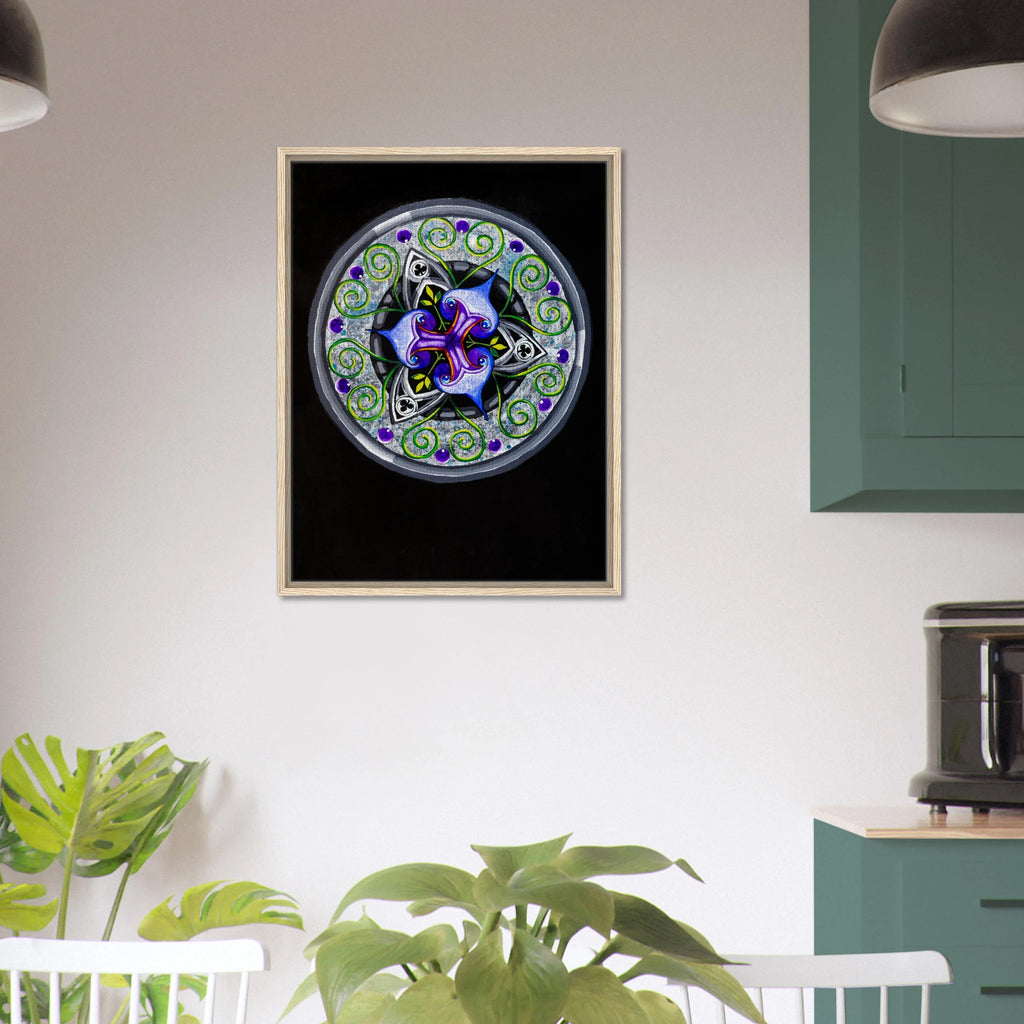 Modern geometric abstract artwork featuring layered iris‑inspired shapes, soft green tendrils, and alternating blue, purple, and gray forms printed on a canvas
