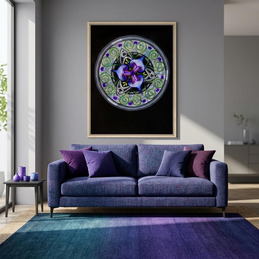 Modern geometric abstract artwork featuring layered iris‑inspired shapes, soft green tendrils, and alternating blue, purple, and gray forms printed on a canvas