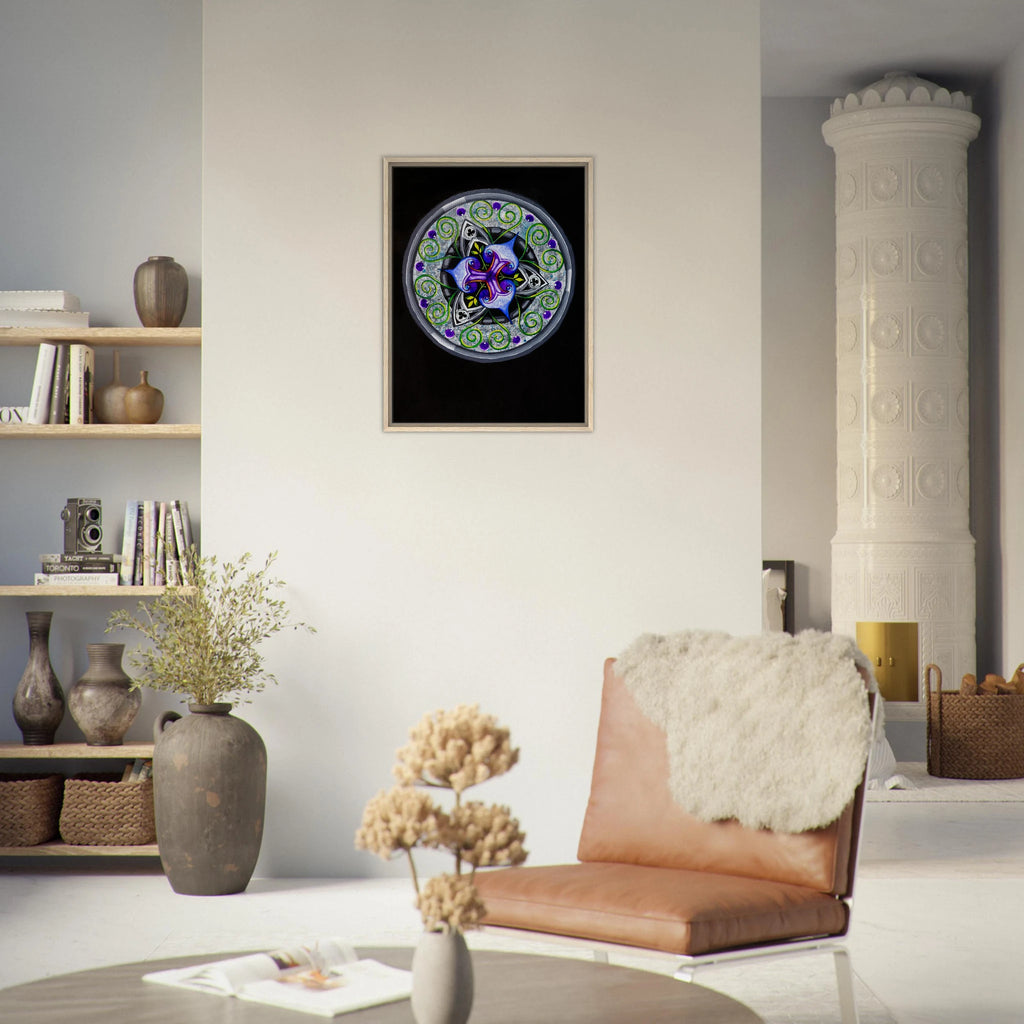 Modern geometric abstract artwork featuring layered iris‑inspired shapes, soft green tendrils, and alternating blue, purple, and gray forms printed on a canvas