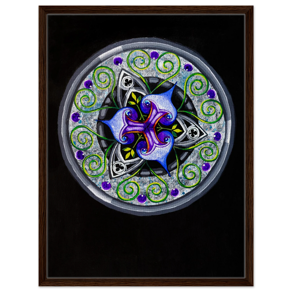 Modern geometric abstract artwork featuring layered iris‑inspired shapes, soft green tendrils, and alternating blue, purple, and gray forms printed on a canvas