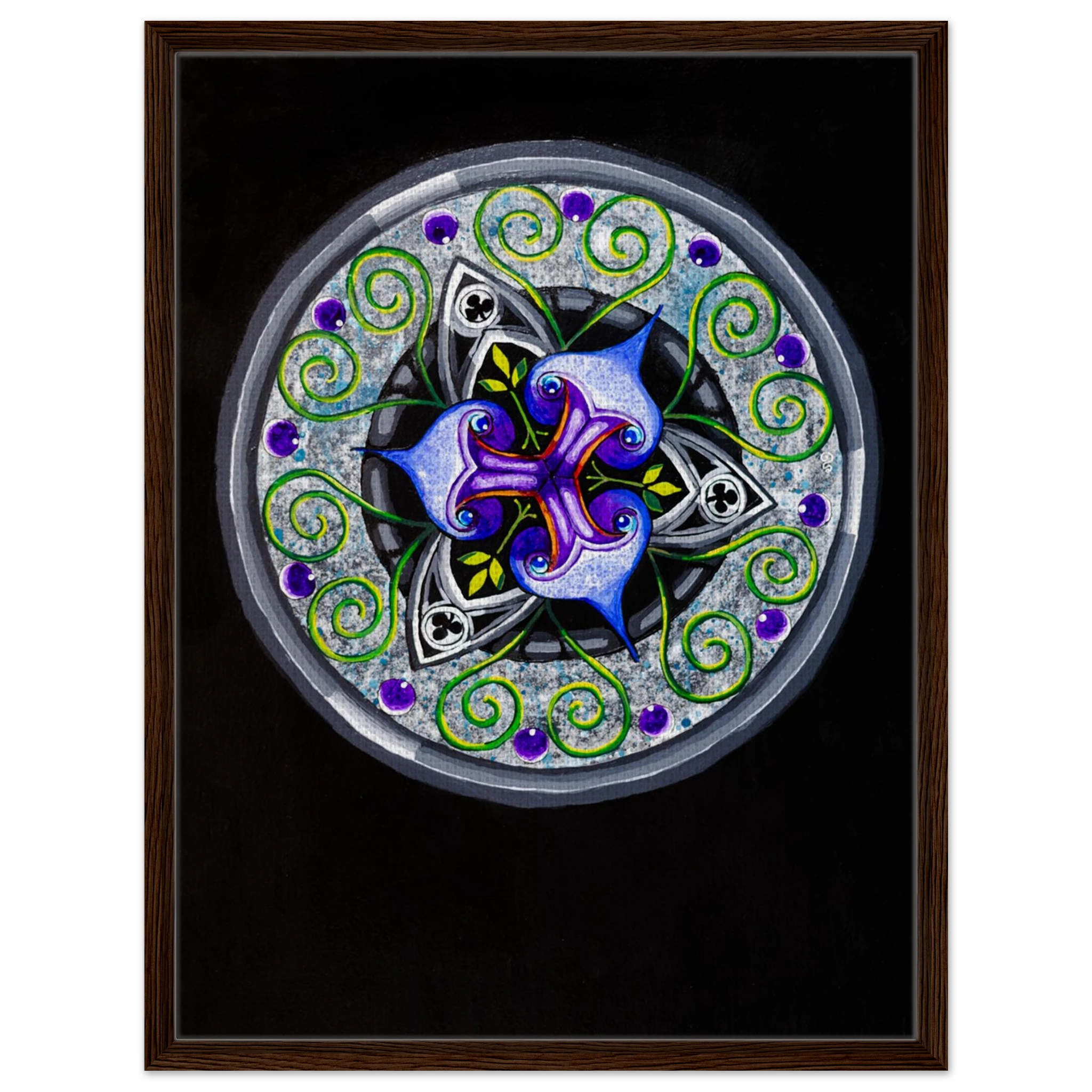 Modern geometric abstract artwork featuring layered iris‑inspired shapes, soft green tendrils, and alternating blue, purple, and gray forms printed on a canvas