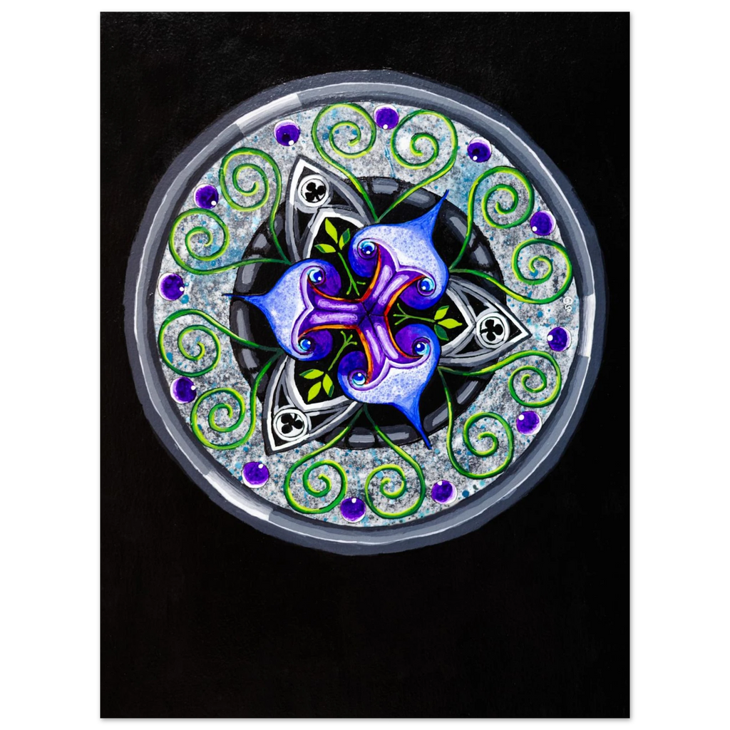 Abstract geometric artwork with alternating shapes and green tendrils.