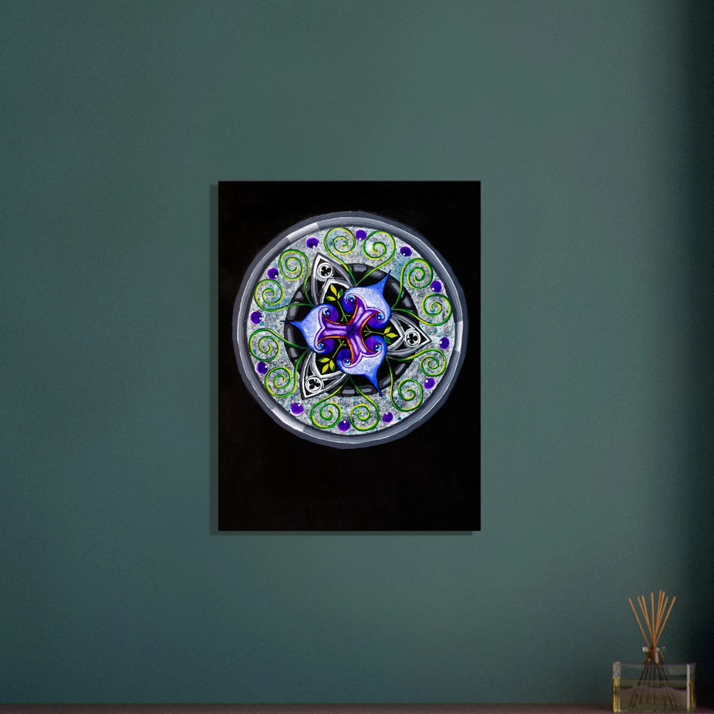 Modern geometric abstract artwork featuring layered iris‑inspired shapes, soft green tendrils, and alternating blue, purple, and gray forms printed on a canvas