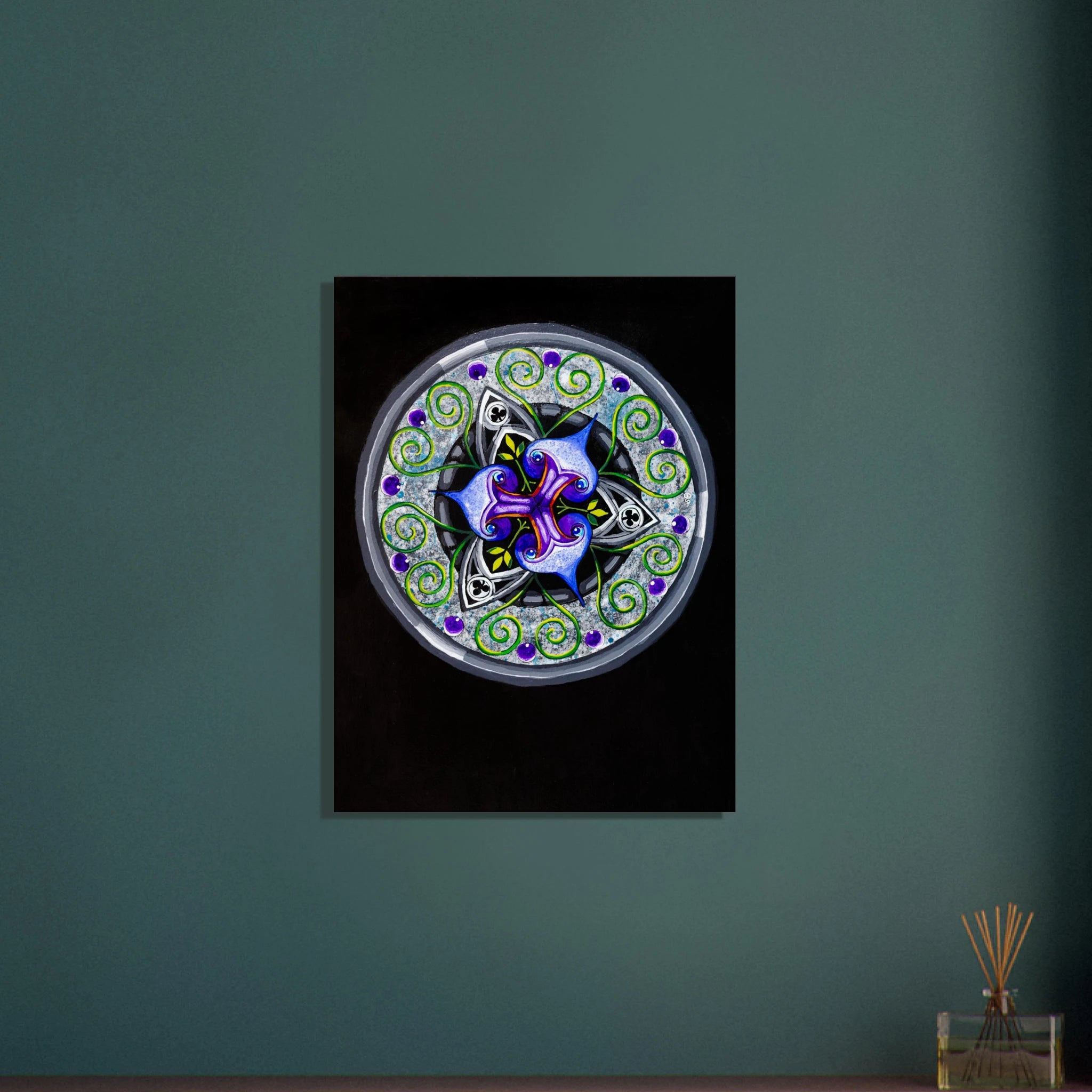 Modern geometric abstract artwork featuring layered iris‑inspired shapes, soft green tendrils, and alternating blue, purple, and gray forms printed on a canvas