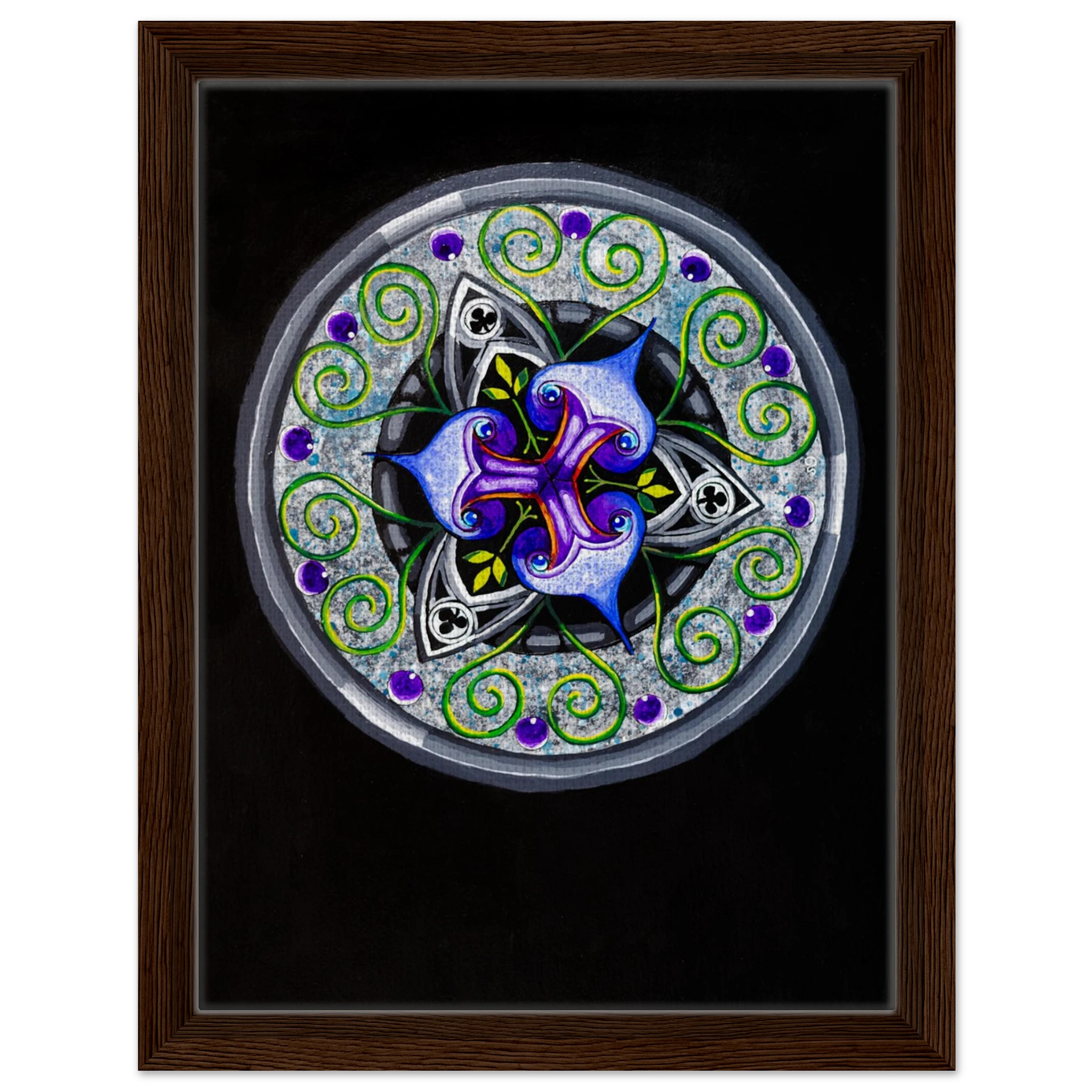 Modern geometric abstract artwork featuring layered iris‑inspired shapes, soft green tendrils, and alternating blue, purple, and gray forms printed on a canvas