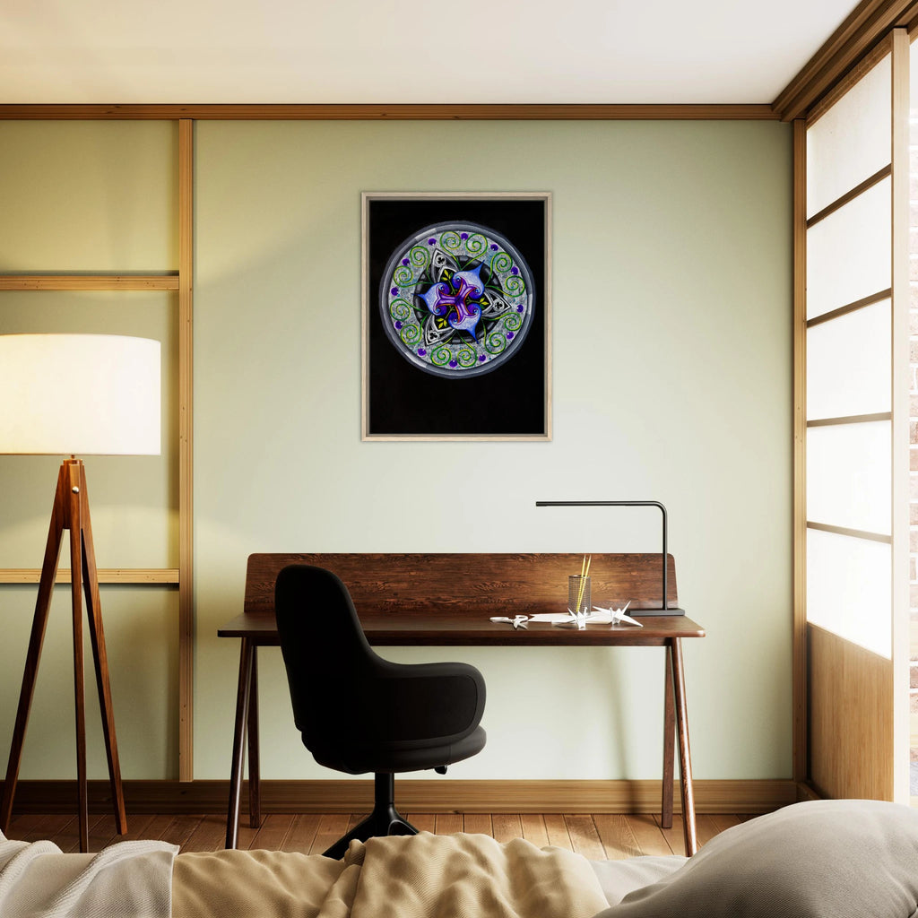 Modern geometric abstract artwork featuring layered iris‑inspired shapes, soft green tendrils, and alternating blue, purple, and gray forms printed on a canvas