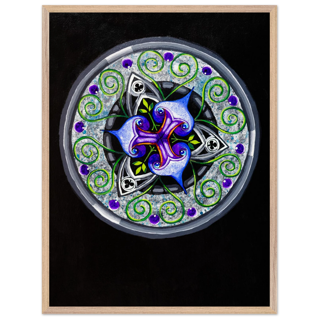 Framed abstract artwork featuring layered blue and purple shapes with flowing green tendrils, printed as a museum‑quality matte art piece in a wooden frame.