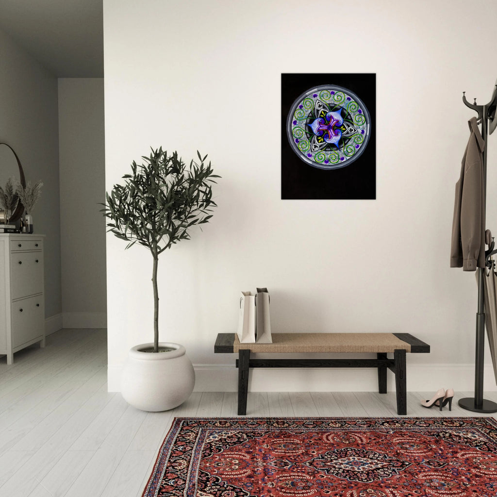 Modern geometric abstract artwork featuring layered iris‑inspired shapes, soft green tendrils, and alternating blue, purple, and gray forms printed on a canvas