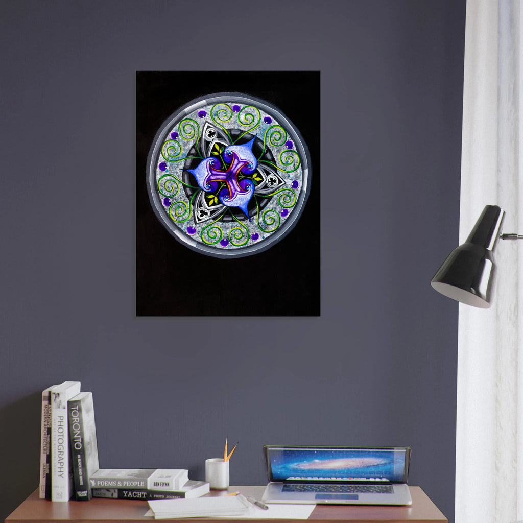 Modern geometric abstract artwork featuring layered iris‑inspired shapes, soft green tendrils, and alternating blue, purple, and gray forms printed on a canvas