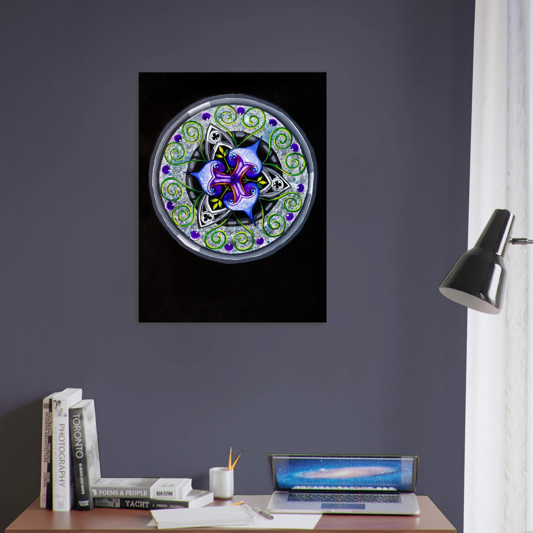 Modern geometric abstract artwork featuring layered iris‑inspired shapes, soft green tendrils, and alternating blue, purple, and gray forms printed on a canvas