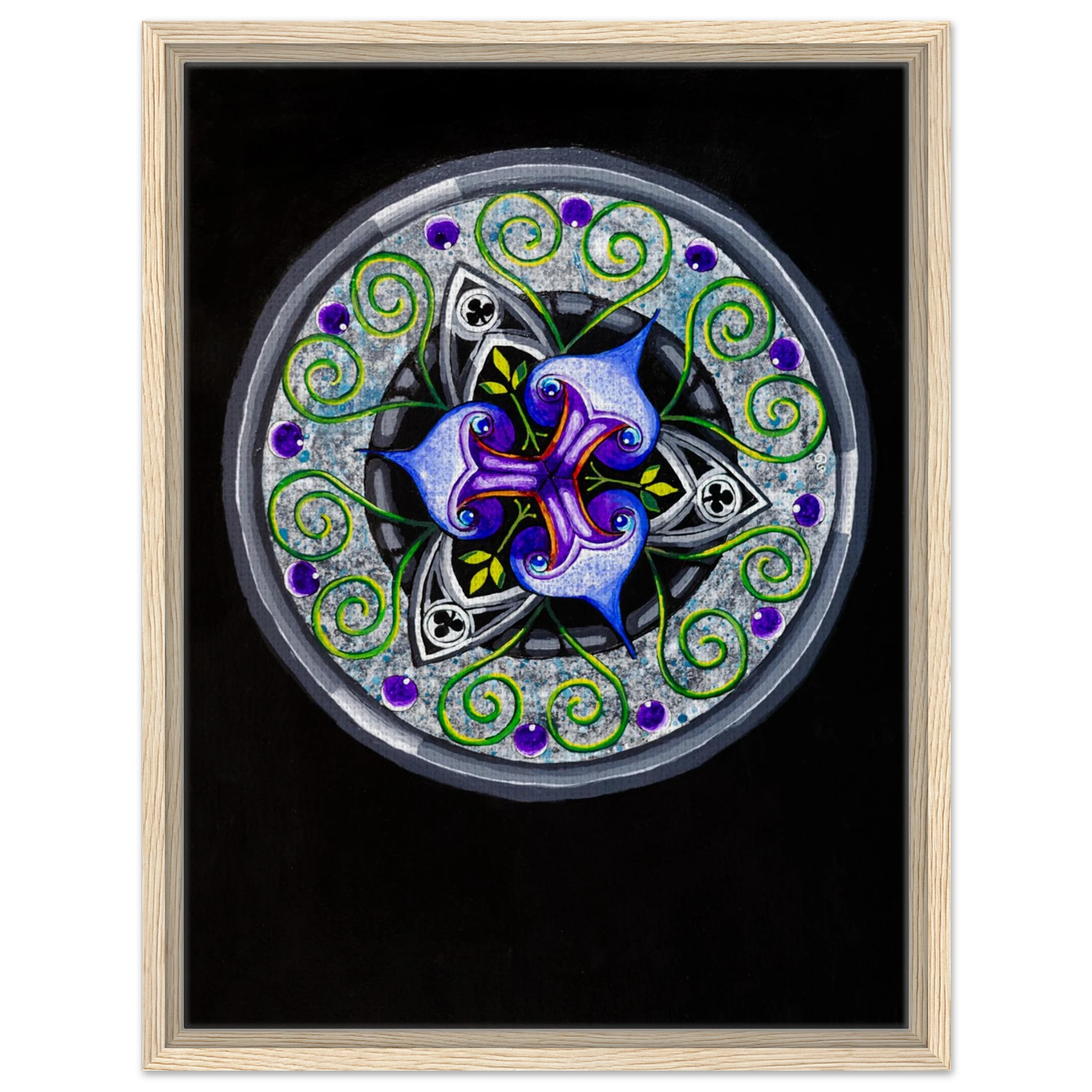 Modern geometric abstract artwork featuring layered iris‑inspired shapes, soft green tendrils, and alternating blue, purple, and gray forms printed on a canvas