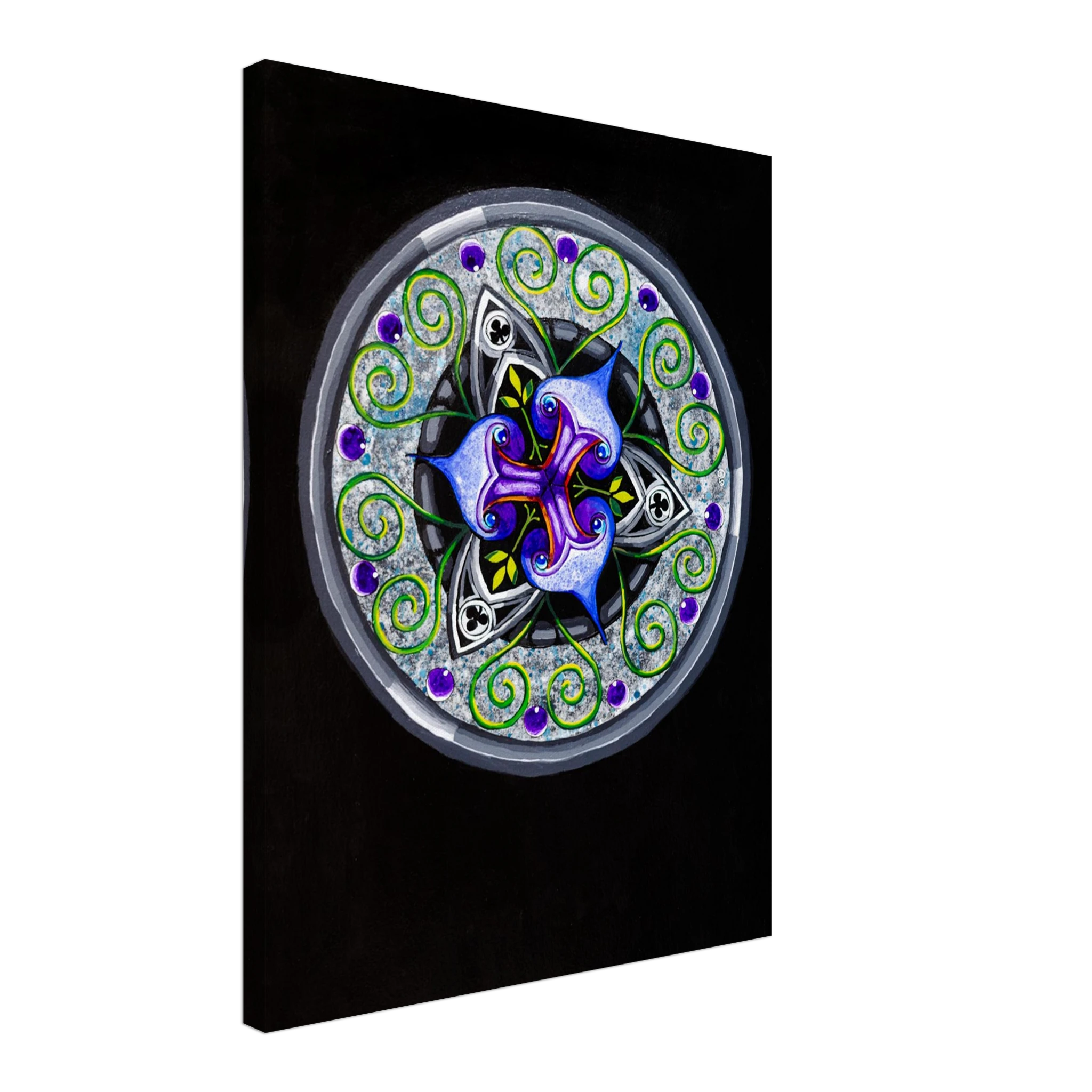 Modern geometric abstract artwork featuring layered iris‑inspired shapes, soft green tendrils, and alternating blue, purple, and gray forms printed on a canvas