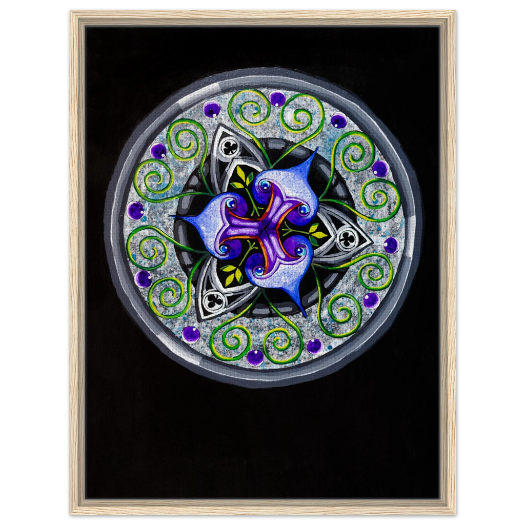 Modern geometric abstract artwork featuring layered iris‑inspired shapes, soft green tendrils, and alternating blue, purple, and gray forms printed on a canvas



