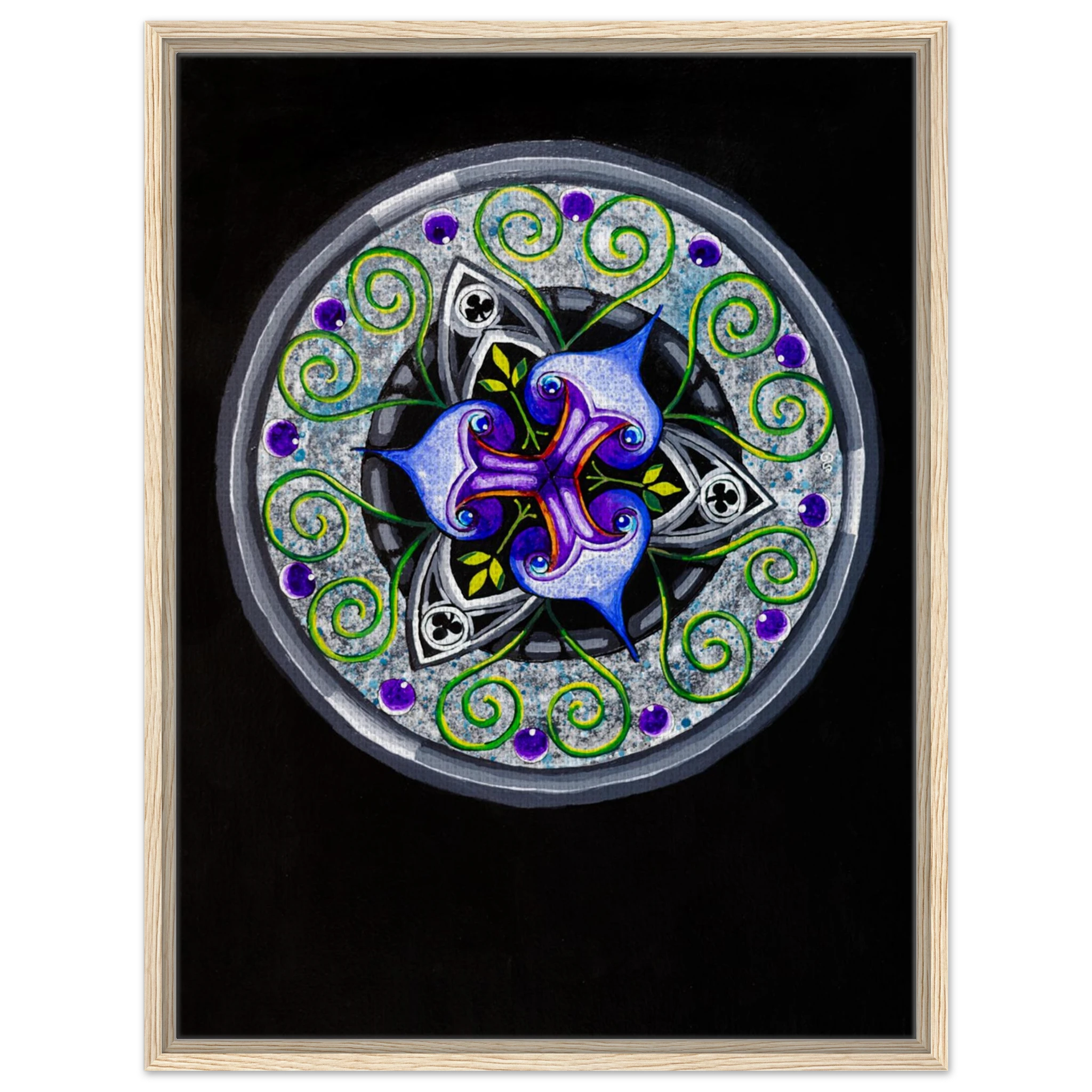 Modern geometric abstract artwork featuring layered iris‑inspired shapes, soft green tendrils, and alternating blue, purple, and gray forms printed on a canvas




