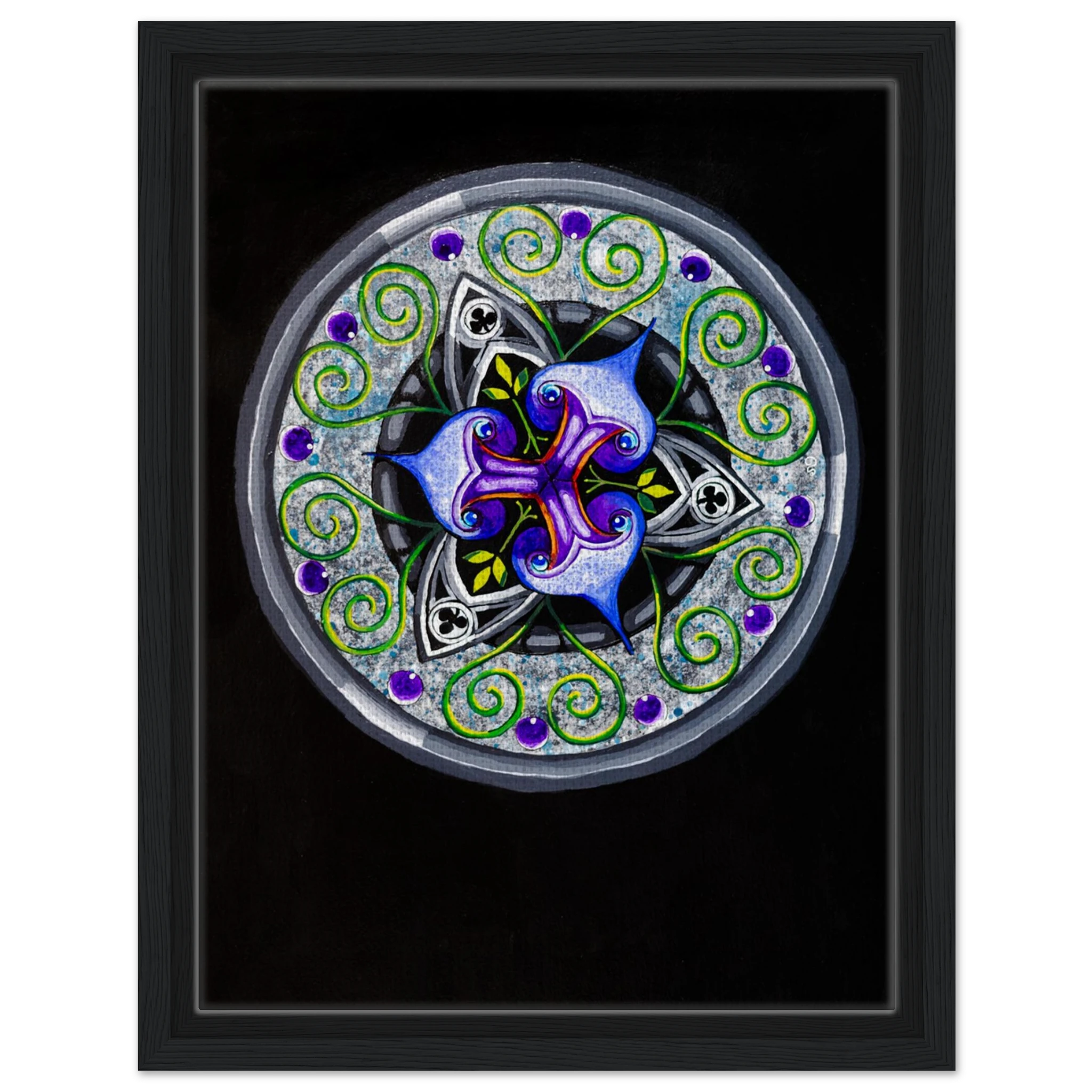 Modern geometric abstract artwork featuring layered iris‑inspired shapes, soft green tendrils, and alternating blue, purple, and gray forms printed on a canvas