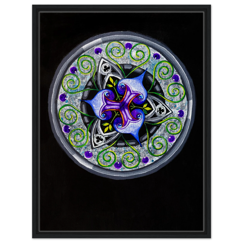 Modern geometric abstract artwork featuring layered iris‑inspired shapes, soft green tendrils, and alternating blue, purple, and gray forms printed on a canvas