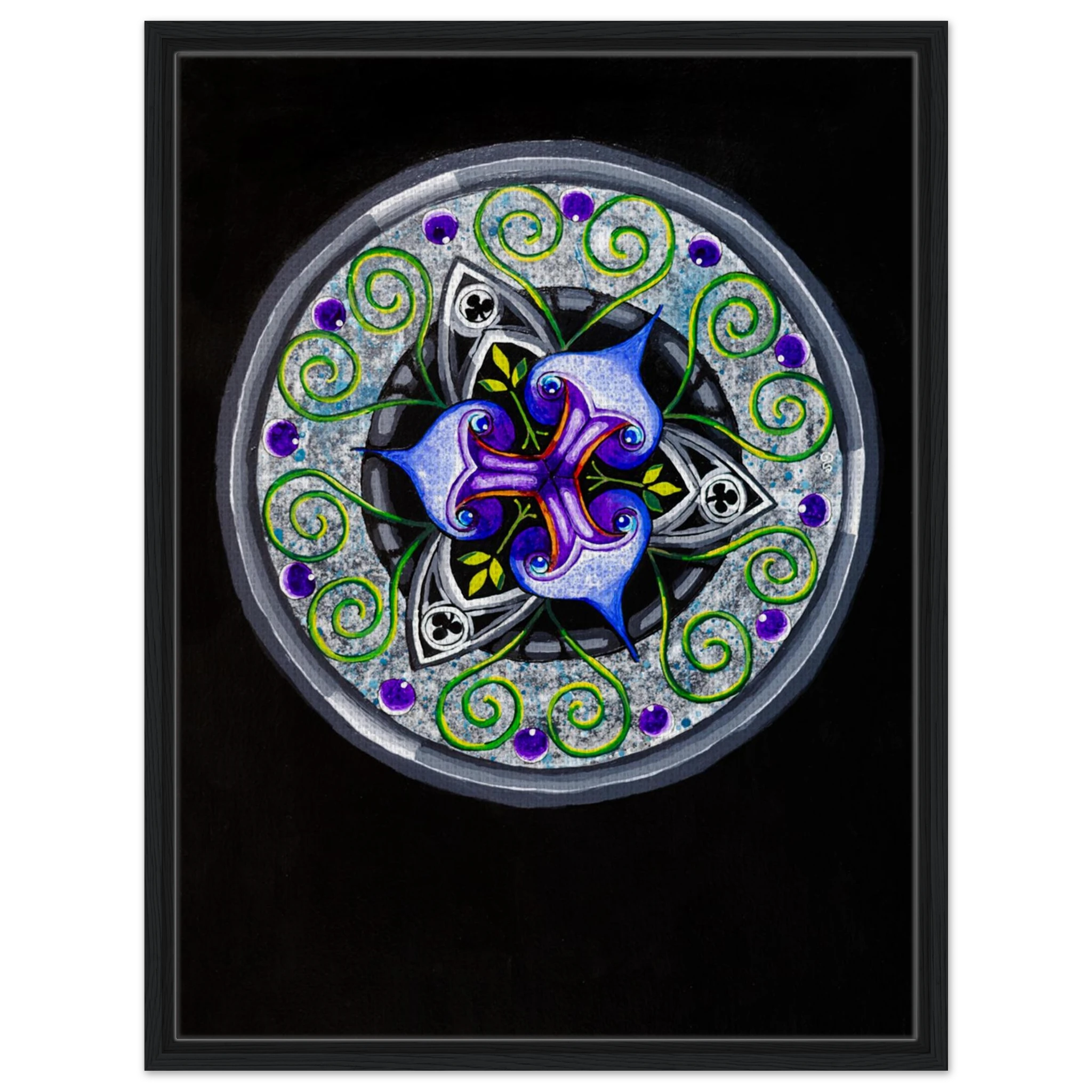 Modern geometric abstract artwork featuring layered iris‑inspired shapes, soft green tendrils, and alternating blue, purple, and gray forms printed on a canvas