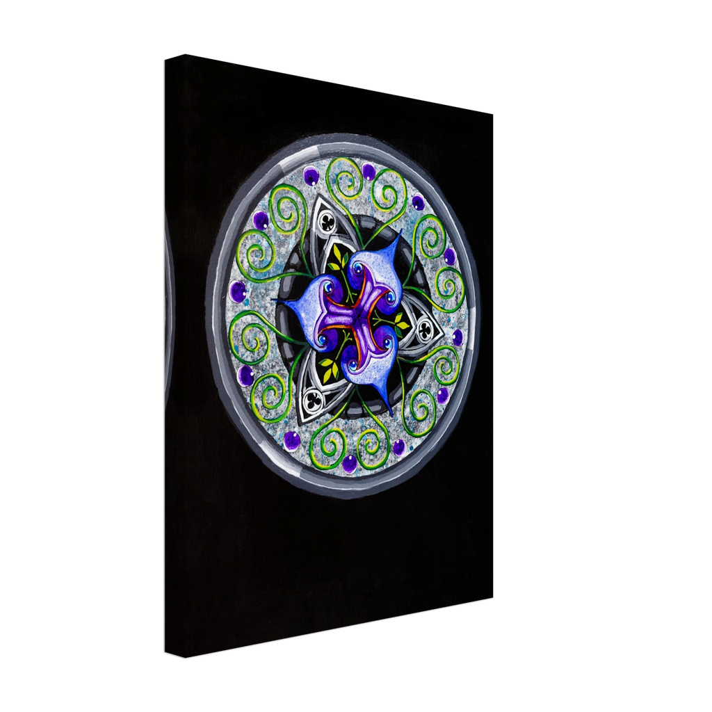 Modern geometric abstract artwork featuring layered iris‑inspired shapes, soft green tendrils, and alternating blue, purple, and gray forms printed on a canvas
